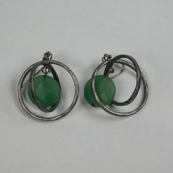 Silver Tone Double Ring Green Bead Dangle Fashion Earrings 1" Diameter Round - Picture 7 of 9